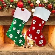 AnyDesign 2pcs Large Christmas Stockings 8.7 x 18.1inch Dog Paw Print Snowflake Pattern Hanging Stockings Red Green Christmas Decorations Gift Bag Hanging Ornament for Xmas Holiday Party Pet Home