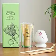 Sorlaarti Matcha Whisk Set, Bamboo Whisk(Chasen) - Traditional Scoop (Chashaku) - Tea Spoon (Chashaku), Matcha Whisk Holder, for Perfect Traditional Matcha Tea Drinking Experience (White with Flower)