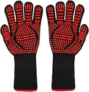 BBQ Grill Gloves, 1472°F(800°C) Extreme Heat Resistant Non-Slip Silicone Coated Oven Mitts for Outdoor Cooking, Grilling Potholder, Kitchen, Smoker Baking, Barbecue, Fireplace, Welding, 1 Pair (Red)