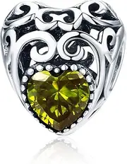 [NINGAN] Birthstone Openwork Heart Bead Charms 925 Sterling Silver Fits Pandora & European Charm Bracelets Necklaces (August)