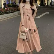 Spaghetti Strap Plain Bow Ruffled Midi A-Line Dress / Cardigan Dress - Pink - One Size