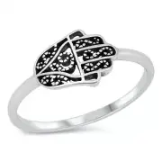 Sideways Hamsa Ring Solid Sterling Silver 925 Oxidized Face Height 8 mm Size 4