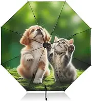 [RPLIFE] Umbrella, Auto Open Close Compact Umbrella for Travel Windproof, Compact Size for Backpacks/Handbags - for Travel, Cute Playful Puppy Kitten