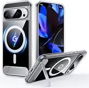 [FNDMIL] for Google Pixel 9 Pro XL Case with MagSafe[Adjustable Kickstand][Charge While Standing][Military Shockproof][Anti-Yellowing] Transparent Soft Silicone Bumper Pixel 9 Pro XL Phone Case,Clear