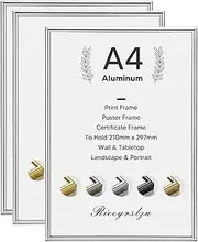 [Rieeyrslza] Aluminium Picture Frame Set of 3 Aluminum Document Frames 21 x 29.7 cm A4 Collage Frame Wall & Table Frame Poster Wall Picture Frame Suitable for Home School Gallery (Silver)
