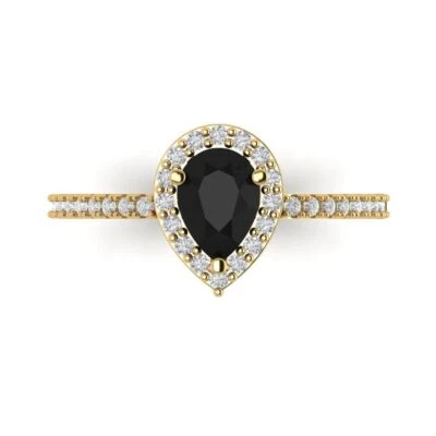 1.32Ct Pear Cut Natural Onyx Solid Gold Halo Engagement Promise Statement Ring