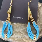 Blue Turquoise Liquid Gold Filled Tubes Dangle Heishi Earrings 2" 13030