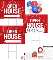 Open House Sign Kit - 3PCS Open House Yard Signs with H-Stakes, 30 Balloons, Guest Register Book, 2PCS Door Hangers - Real Estate Marketing Supplies