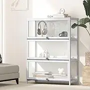 Oikiture Display Cabinet with Flip Door and 3 Tier Shelves, Display Storage Case White
