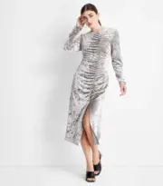 Future Collective Women Dress Ruched L/S Open Back A-Line Silver Sz L Item #476