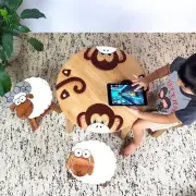 Mango Trees Kids Wooden Monkey Table and Stools Set 100% Hand-made Solid Wood