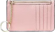 [Cynure] Women's Leather Slim Minimalist Card Holder Case Zipper Changes Coin Front Pocket Wallet With Keychain, Pink, Casual