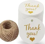 Laoban 100pcs White Thank You Gift Tags with String Round Paper Gift Wrap Hang Tags for Wedding Baby Shower Birthday Party Favors (DP-Round)