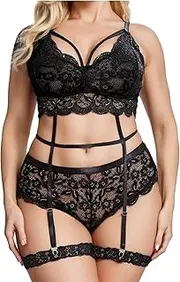 [FBIEE88TR] Plus Size Women's Lace Lingerie Strap Babydoll Bra and Panty Set