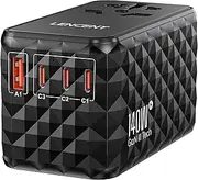 LENCENT 140W International Travel Adapter, GaN Universal Travel Adaptor with 1 USB-A & 3 Type C Power Adapter, Fast Charger for Phone,Laptops, Worldwide Plug Adaptor for USA/UK/EU/AUS, Black