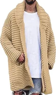 [Qolkmuiy-GJ] Men's Casual Shawl Collar Long Cardigan Heavyweight Knitted Open Front Sweaters Fashion Cable Knit Cardigans