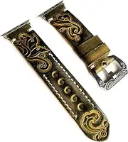 Embossed Tooled Green and Yellow Genuine Leather Luxury Band Strap Compatible with Apple Watch 38mm 40mm 42mm 44mm iWatch 1 2 3 4 Series (44mm Watch Case Size, 2. Silver Color Smooth Buckle)