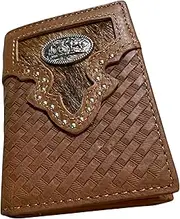 [Western Stakes] Mens Leather Tri Fold Wallet Basketweave Custom Cowboy Concho Cowhair Cowboy Western Leather Wallet High End Mens Wallets Leather Bull Rider Rodeo Gifts For Men, Brown, Cowboy Praying