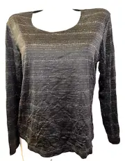 New CHICO'S Top L (2) Black Silver Shimmer Shine Stripe Scoop Neck LS Tee Shirt