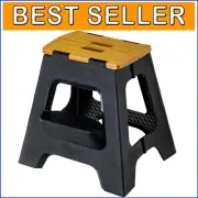 Compact 16-Inch Foldable Step Stool for Adults - Non-Slip Design, Black/Bamboo