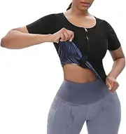 [Bauffs] Women's Sauna Vest Tank Top, Waist Trainer with Zipper, Heat Trapping Sweat Compression Shapewear, Short Sleeve,Blue,S/M