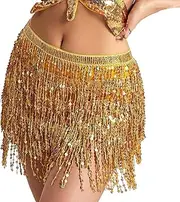[GSHLLO] Layered Sequin Tassel Skirt Sparkly Belly Dance Hip Scarf Belly Dancing Fringe Skirt Festival Dance Skirt Glitter Short Skirt