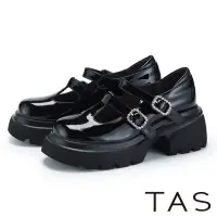 在飛比找Yahoo奇摩購物中心優惠-TAS 復古丁字釦帶真皮鋸齒厚底瑪莉珍鞋 黑色