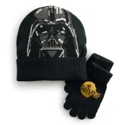 Star Wars Darth Vader Beanie Hat Youth Boys Toboggan Gloves Set Ages 4-10 Black