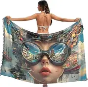 [XYMZR] Women's Sarong Swimsuit Coverups Abstract Woman Surreal Chiffon Bikini Wraps Skirt with Tassels L