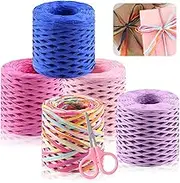 Mardatt 2Pcs Raffia Paper Ribbon with Scissors, 218 Yards/200M Natural Raffia Paper Twine Wrapping Raffia Ribbons Florist Bouquets Decoration for DIY Crafts Wedding Packing(Light Blue and Green)