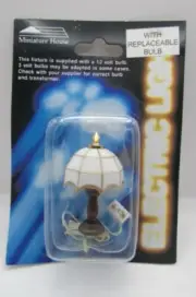 Dollhouse Miniature House 12V Electric Bronze Lamp with White Tiffany Shade