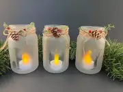 Set of Three Frosted Pint Jars with JOY and flameless flicker tea candle.