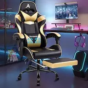 ALFORDSON Computer Gaming Chair with Massage Lumbar Cushion and Footrest, Ergonomic Swivel Recliner Leather Home Ergonomic Desk Chair with Armrest Headrest(Gold)