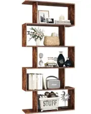Bookshelf 5-Tier, Geometric Bookcase S Shaped Book Shelves 5 Tier Rustic Brown