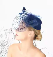 Navy Blue Mini Top Feather Mesh Fascinator Hat Woman Headpiece Cocktail Party