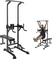 VEVOR Power Tower with Bench, 10-Level Height Adjustable Pull Up Bar Stand Dip Station & Detachable Bench, Multi-Function Home Gym Strength Training Fitness Equipment with Backrest, Elbow Pads, 440LBS