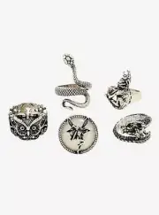 Dragon Fairy Owl Snake Wolf Set Of 5 Rings Burnished Silver Tone Size 7 NWT