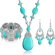 [Hicarer] 3 Piece Bohemian Turquoise Jewelry Set - Western Pendant Necklace, Vintage Dangle Earrings, Stretchable Bracelet for Women - Statement Boho Jewelry