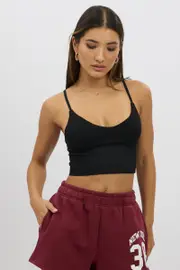 Black V Neck Cami Crop Top Seamless - Size 8XS, Women's Singlet
