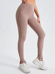 DANCOLOR Split Hem Rib-Knit Leggings Soft Tummy Control Slimming Yoga Pants Workout Running Fitness Girl Sport Active (Color : Dusty Pink, Size : Small)