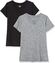 [Amazon Essentials] Women's Tech Stretch Short-Sleeve V-Neck T-Shirt (Available in Plus Size), Pack of 2, Black/Dark Grey Space Dye, X-Small