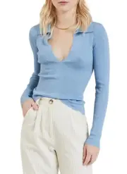 BEC+BRIDGE TOP FREYA KNIT LONG SLEEVE POLO TOP BABY BLUE SIZE 6 COLLAR CASUAL