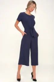 Warehouse Cropped Dark Navy Blue Jumpsuit with Belt Size US 6 UK 10 - NWT