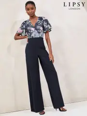 Lipsy Navy Floral Petite Short Sleeve 2-in-1 V-Neck Jumpsuit (AR9486) | $134