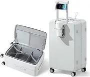 [Hanke] Carry On Luggage 22x14x9 Airline Approved Spinner Wheels, Top Open Hard Shell Suitcases with Cup Phone Holder and Charger 20 Inch Travel Luggage, Smoke White, Checked-Large 28-Inch, Checked