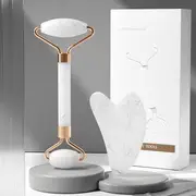 Fondes - Resin Face Massage Roller / Gua Sha Scraper / Set With Chinese Instructions - Box Set - Double Roller & Heart - White - One Size