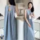 【ACheter】 韓系chic夏季法式設計寬鬆露背無袖背心連身裙休閒減齡長板洋裝 # 116972 FREE 藍色