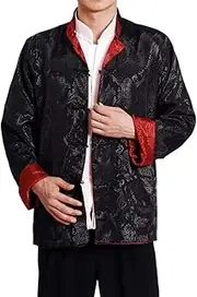 [Generic] Men's Tang Suit Jacket Dragon Chinese Traditional Frog Button Long Sleeve Stand Collar Coat Kung Fu Wing Chun Uniform