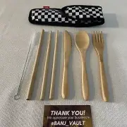 VANS Checkerboard Wooden Bamboo Food Utensils Set 8 Pieces Reusable