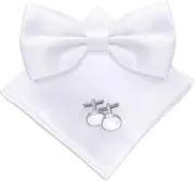 [PROUSKY] Men's Pre-tied Bow Tie, Pocket Square & Cufflink Set, Classic Solid Adjustable Tux Bowtie & Handkerchief Pocket Square & Cufflink, Formal Neck Bowtie for Parties Wedding Formal Banquet